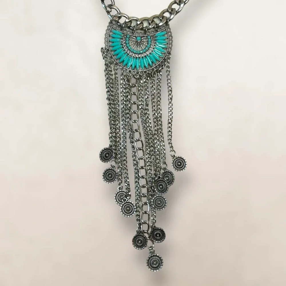 Southwestern Bohemian Bib Statement Necklace Faux Turquoise and Silver-Tone - Picture 4 of 10